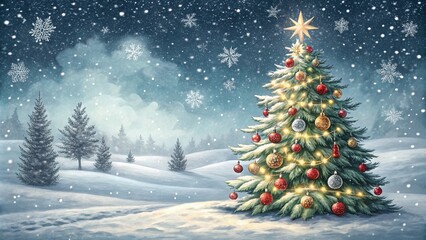 Naklejka premium Christmas background design of pine tree and snowflake with snow falling in the winter vector illustration 