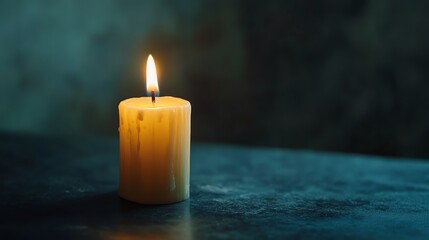 A single candle burning on a dark blue surface.  Warm and inviting.