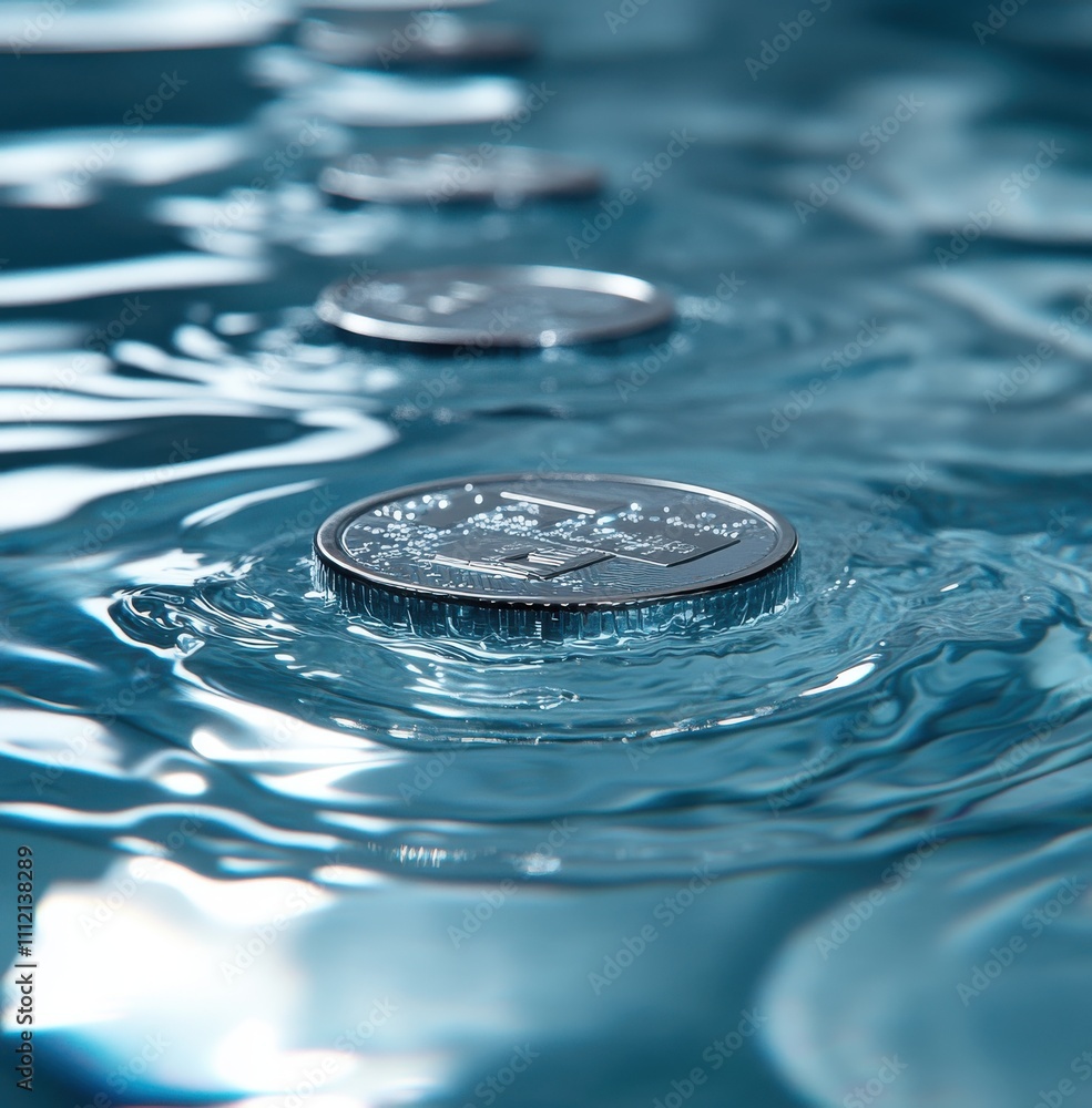 Poster close-up view of coins floating on water surface with gentle ripples creating an interesting reflect