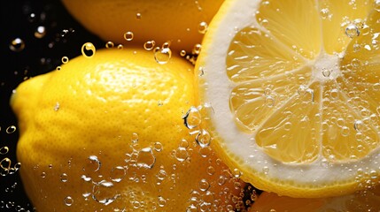 Fresh lemons in water with tiny air bubbles clinging to the peel