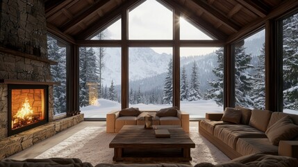 Warm and Cozy Winter Cabin Interior with Roaring Fire and Snowy View | Ultra-Detailed Photorealistic Image of Relaxation and Comfort