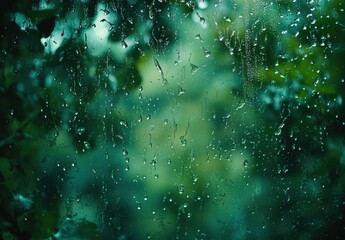 Close-Up View of Rain Drops on Glass Window with Lush Green Background and Natural Light Creating a Calm and Serene Atmosphere in a Rainy Setting