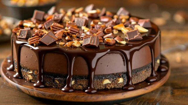 Indulge in decadent chocolate cake with rich nuts and gourmet chocolate pieces, sweet dessert that satisfies every craving for indulgent treat.