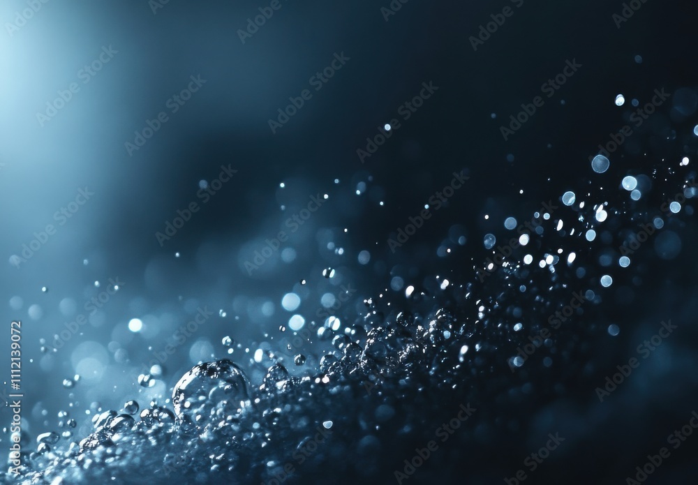Poster close-up view of water droplets on a surface with beautiful bokeh effect and dreamy blue background 