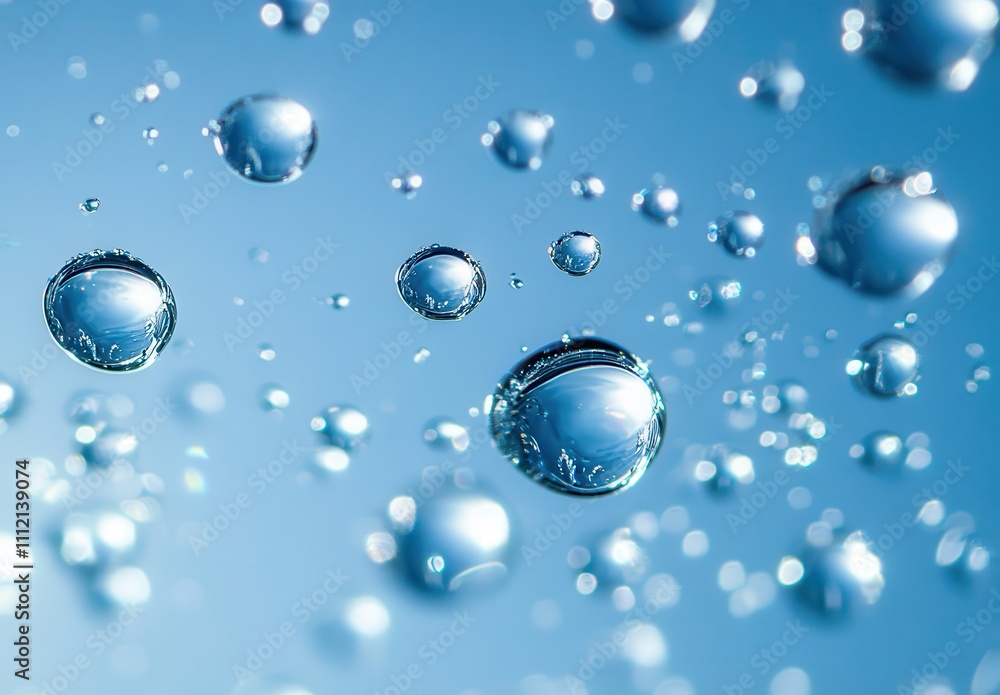 Poster close-up view of water droplets in a vibrant blue background creating an ethereal and refreshing atm