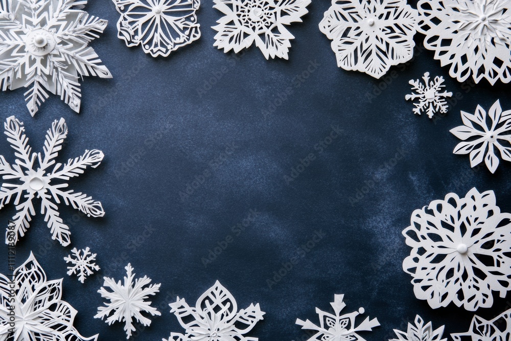 Poster delicate handcrafted paper snowflakes create a beautiful border against a dark background, perfect f