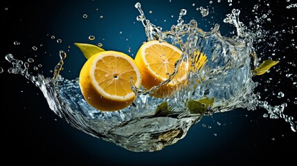 A lemon dropping into water, captured mid-splash