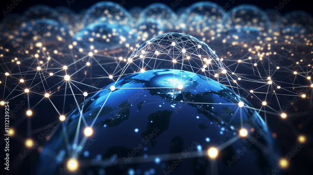 Poster a 3d rendering depicts a network of glowing nodes and connections encircling a globe, symbolizing gl