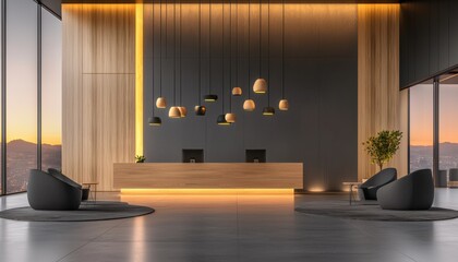 Modern reception area featuring elegant design and ambient lighting.