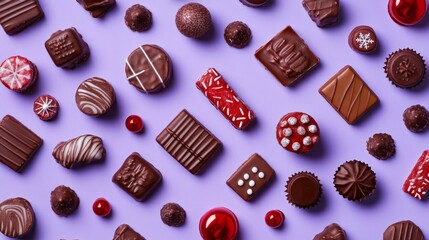 Flat lay of assorted Christmas bonbons, chocolates, and candies arranged
