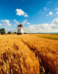Peaceful rural countryside with fields of golden wheat and a windmill under a blue sky.