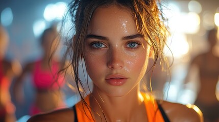 Fototapeta premium Close-up portrait of a sweaty woman after intense workout, with blurred background of other fitness people.