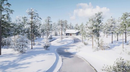 Naklejka premium Tranquil Winter Wonderland: A Photorealistic Snowy Landscape with Enchanting Forest Trail