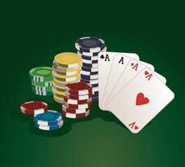 poker stock tokens chips casino money and cash on green felt table with cards fan of aces and dices gambling illustration