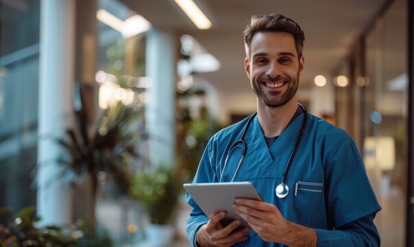 Cheerful handsome surgeon doctor man in blue uniform holding digital tablet computer, looking at camera, smiling, posing for portrait in clinic hall