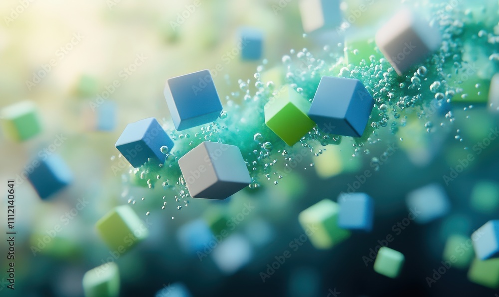 Poster colorful cubes floating in a dynamic liquid environment with bubbles and depth of field, ideal for a