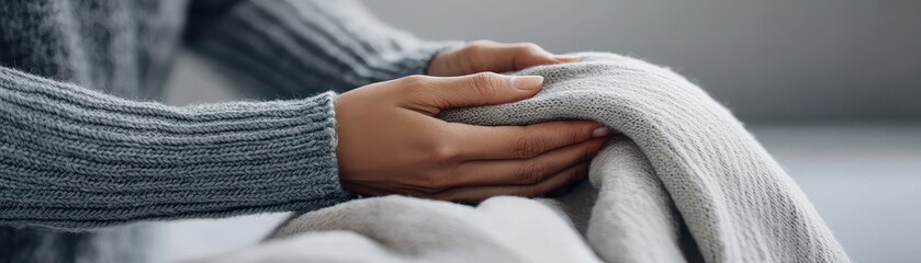 Close-up of hands gently holding a cozy, soft knitted blanket, emphasizing warmth, comfort, and tactile texture.
