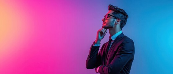 Naklejka premium Thoughtful businessman in stylish suit, pondering ideas under colorful lights.