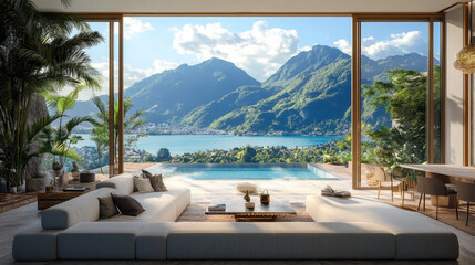 Fototapeta premium The space is designed with sleek, minimalist furniture, including a comfortable sofa and contemporary coffee table, creating a relaxed yet stylish atmosphere.