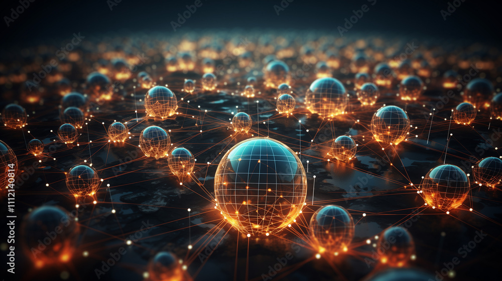 Poster countless glowing crystal spheres form a complex network across a dark, textured landscape. intricat