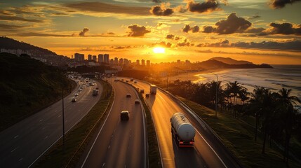 Fototapeta premium A tanker truck carrying fuel navigates down a highway, its presence illuminated by the warm hues of the setting sun