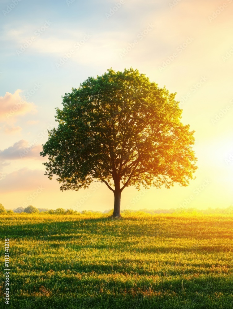 Aufkleber A solitary tree rises in a lush green field, glowing in the warm hues of a setting sun, creating a tranquil atmosphere with ample blank space. Generative AI