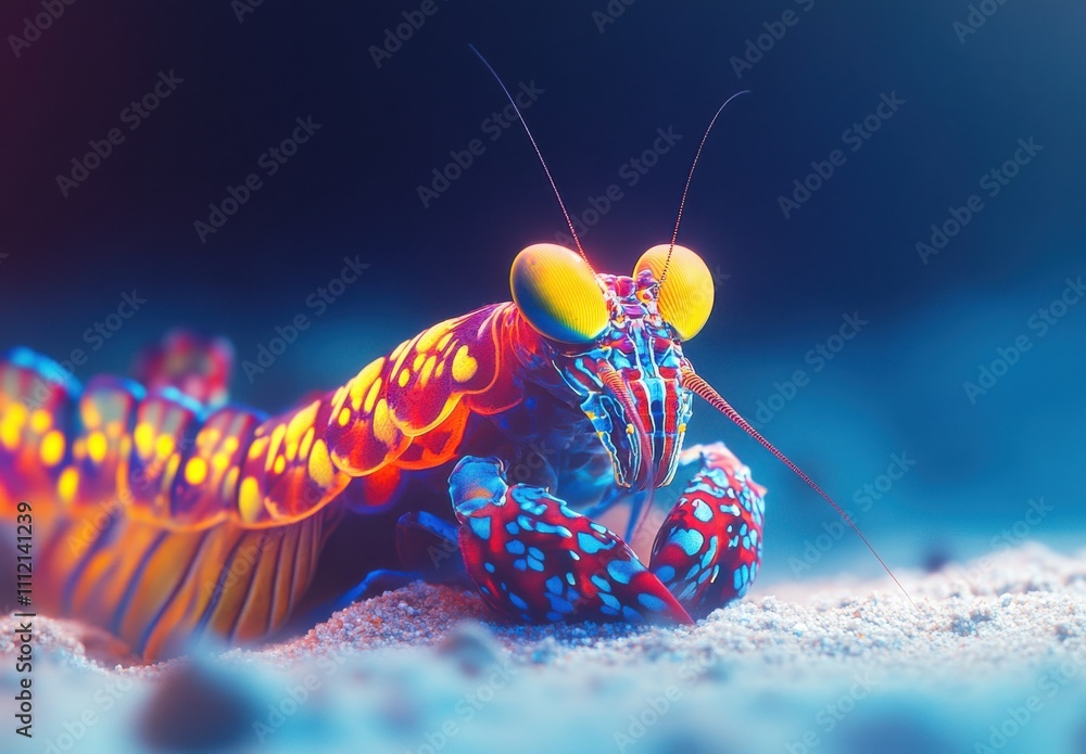 Poster colorful mantis shrimp resting on sandy ocean floor with vibrant patterns and unique features in und