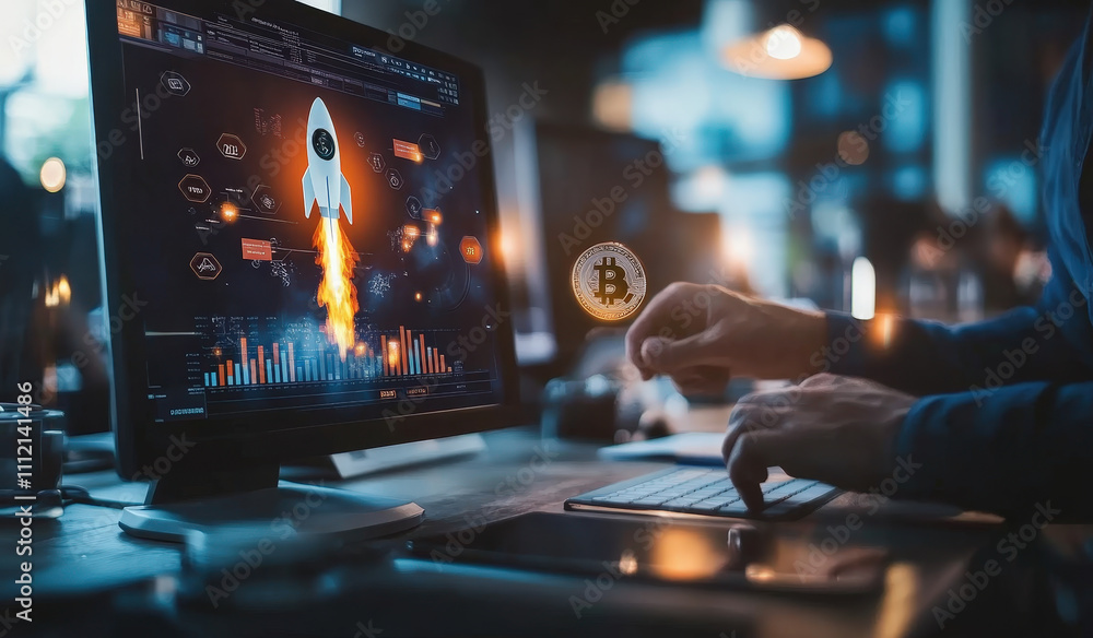 Poster businessman using computer to launch rocket, symbolizing cryptocurrency growth and innovation. scree