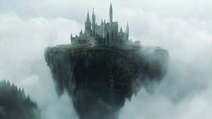 A fantasy castle on a cliff, surrounded by mist.
