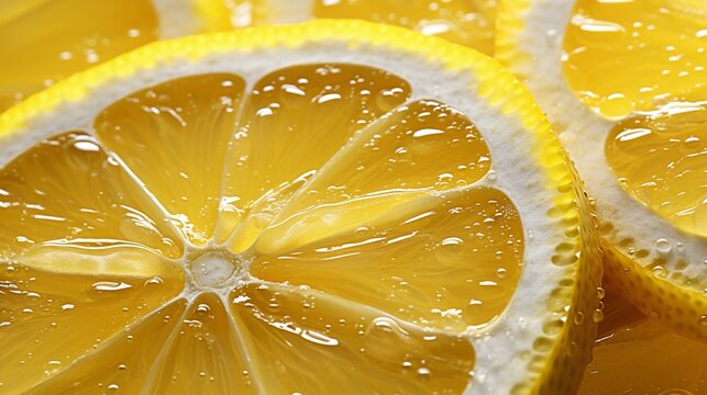 Close-up of fresh lemon slices with water bubbles