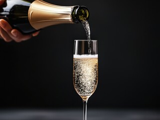 Close-up of champagne being poured into a sparkling flute glass against a dark background, symbolizing celebration and luxury.