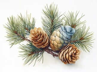 Exquisite watercolor painting of pine branch with three detailed cones, showcasing natural beauty and texture. Perfect for holiday, nature, or botanical themes.