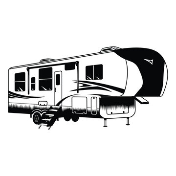 5th Wheel Camper, Fifth Wheel RV Camper, Camping, Hand Drawn Vector Illustration