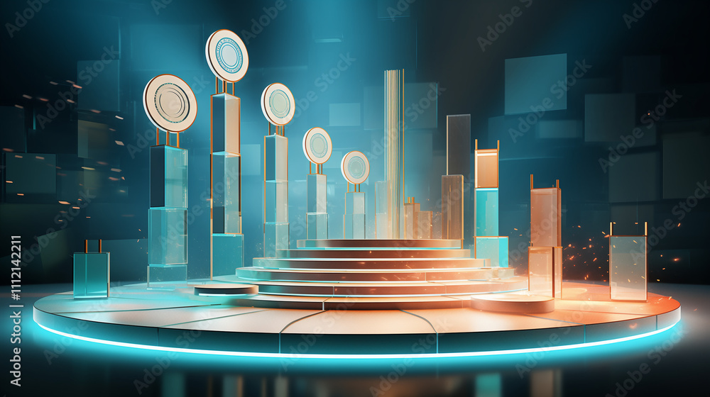 Poster abstract 3d render neonlit circular stage with ascending steps, data visualization elements, and glo