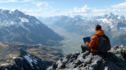 Nomad using a laptop on a mountain peak with breathtaking scenery