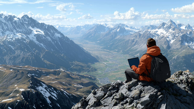 Nomad using a laptop on a mountain peak with breathtaking scenery