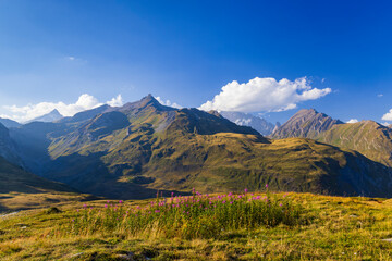 Landscape near Col du Petit-Saint-Bernard with Mont Blanc, on border France and Italy