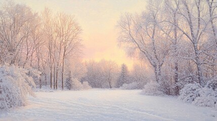 Obraz premium Tranquil Winter Morning: Snowy Landscape with Pink Sunrise - Ultra-Detailed Photorealistic Scene for Peaceful Reflection