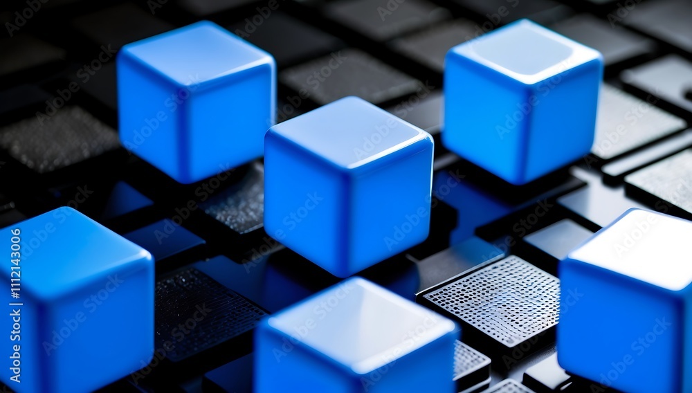 Poster close-up of luminous blue cubes intricately arranged to symbolize blockchain technology. set against