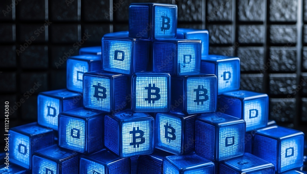 Poster close-up of luminous blue cubes intricately arranged to symbolize blockchain technology. set against