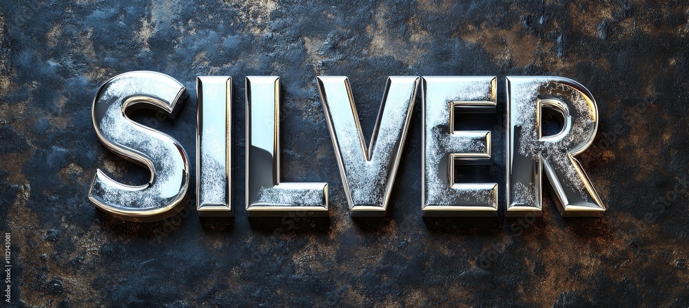 Poster silver text effect, shiny sparkly glittering font style on a dark textured grungy background