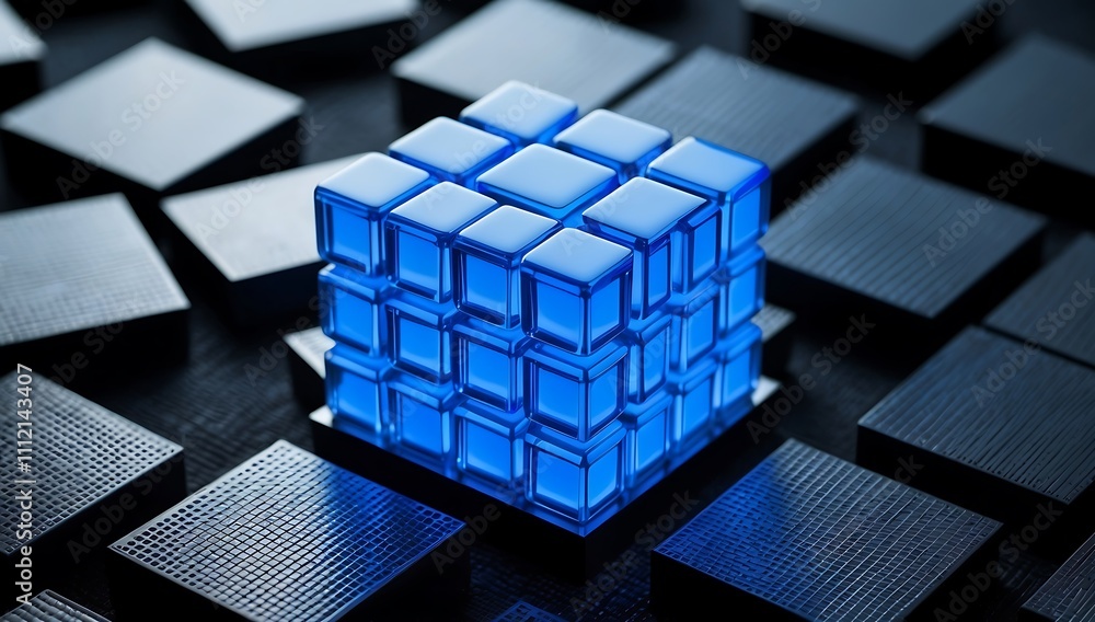 Poster close-up of luminous blue cubes intricately arranged to symbolize blockchain technology. set against