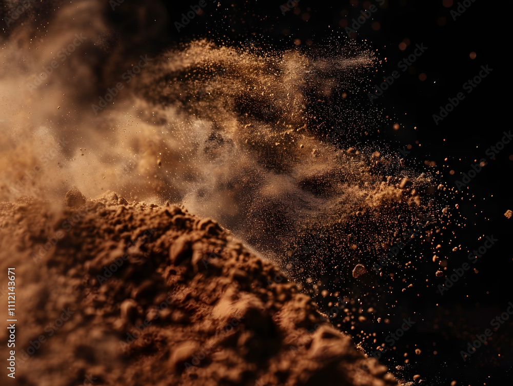 Poster a close-up of dust particles swirling in the air, creating an abstract, dynamic effect.