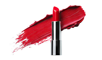 Bold red lipstick with a matching color smear, isolated on transparent cutout background