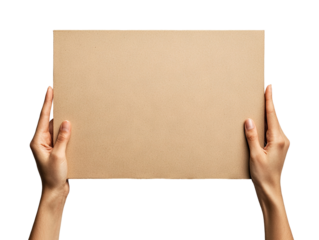 Hands holding a blank cardboard placard, isolated on transparent cutout background