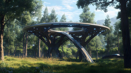 Innovative Lightweight Structure with Futuristic Design Inspired by Halo Aesthetics, Integrating Natural Elements in Texas Grasslands