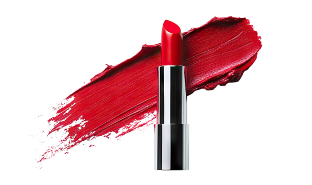Bold red lipstick with a matching color smear, isolated on transparent cutout background