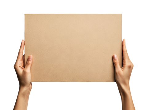 Hands holding a blank cardboard placard, isolated on transparent cutout background