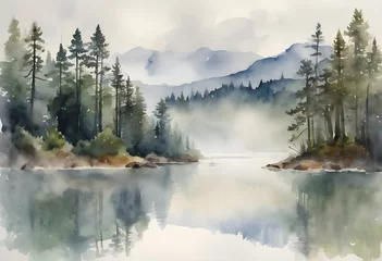 AI genaration watercolor Dawn's Embrace: AI Watercolor of a Misty Lake and Pines