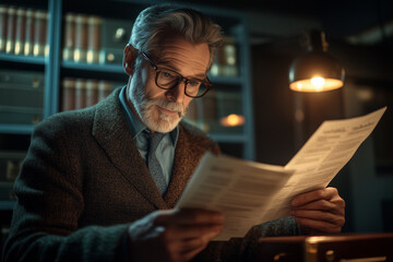 Attractive Businessman in His Office Reviewing Documents in Low Light